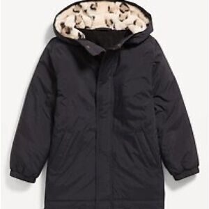 NWT Old Navy Black Hooded Parka Coat with Leopard Print Lining